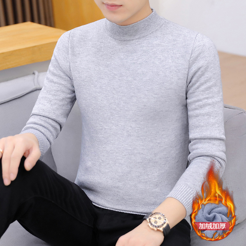 外贸男装长袖半高领纯色加绒加厚套头毛衣潮青少年男士保暖针织衫