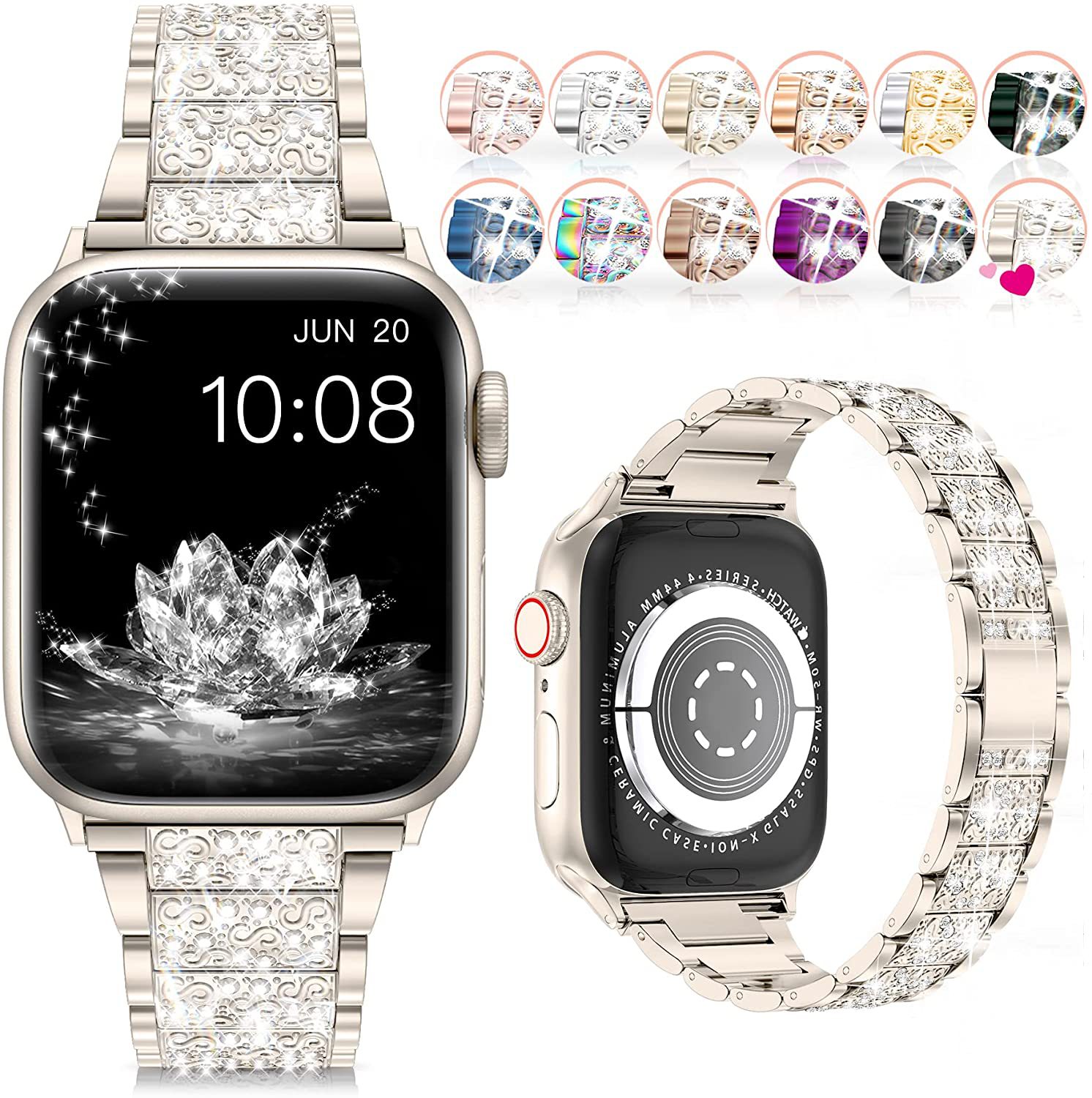 适用苹果手表带三珠金属镶钻applewatch表带小香风水钻iwatch表带