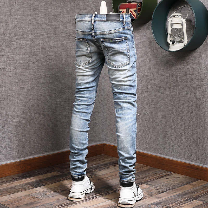 European Station Heavy High Street Fashionable Ripped Jeans Fashion Brand Retro Slim Fit Skinny Patch Young Men's Jeans