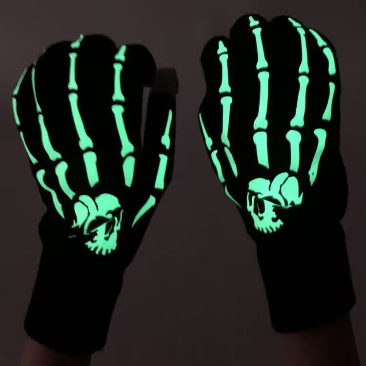 Cross-Border Adult and Children Winter Thermal Knitting Gloves Halloween Night Glowing Luminous Skull Ghost Claw Gloves