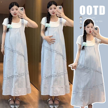 孕妇装夏季连衣裙新款时尚套装夏装背带裙宽松大码潮妈时尚两件套