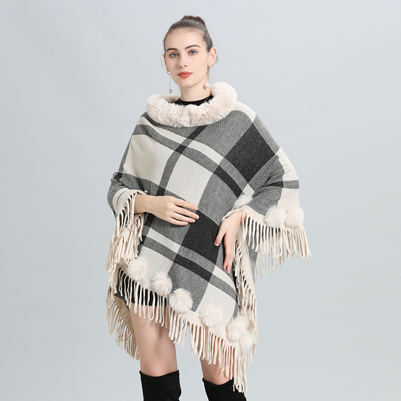 European and American Autumn and Winter New Faux Fur Collar round Neck Plaid Fur Ball Pullover Sweater Cape and Shawl Coat Female 0972#