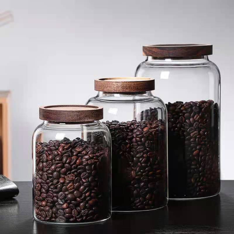 Wholesale Borosilicate Glass Sealed Can Acacia Wooden Lid Tea Jar Transparent Kitchen Storage Jar Candy Jar