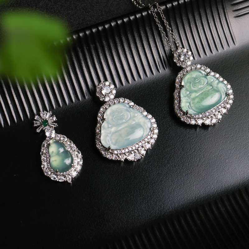 翡翠a货铜镶嵌危料蓝水大肚佛公吊坠轻奢款点绿蓝水葫芦项链-阿里巴巴