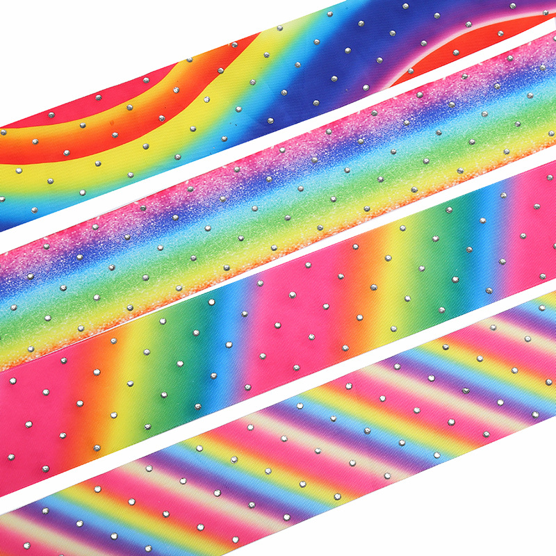 7.5cm Rainbow Rhinestone Printing Ribbon Mixed Color Gradient Polyester Ribbon Children's Hair Accessories Clothing Decoration Ribbon