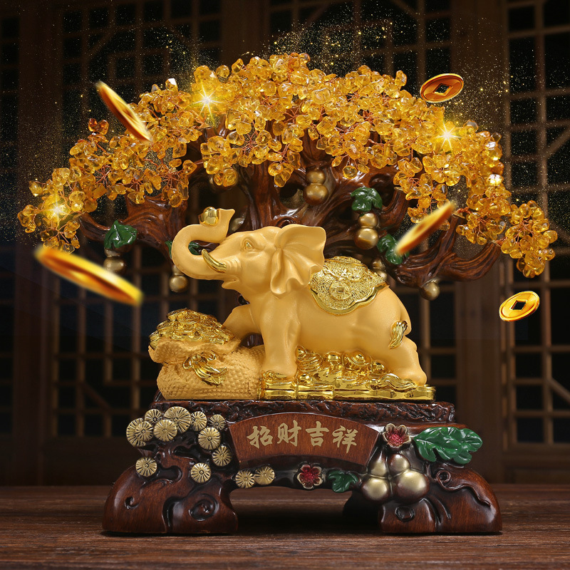 招财大象摆件黄水晶发财树摇钱树客厅家居酒柜装饰品搬家乔迁礼品