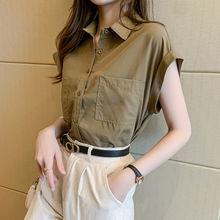 翻领短袖衬衫女夏季韩版法式复古港味设计感小众薄款宽松无袖上衣