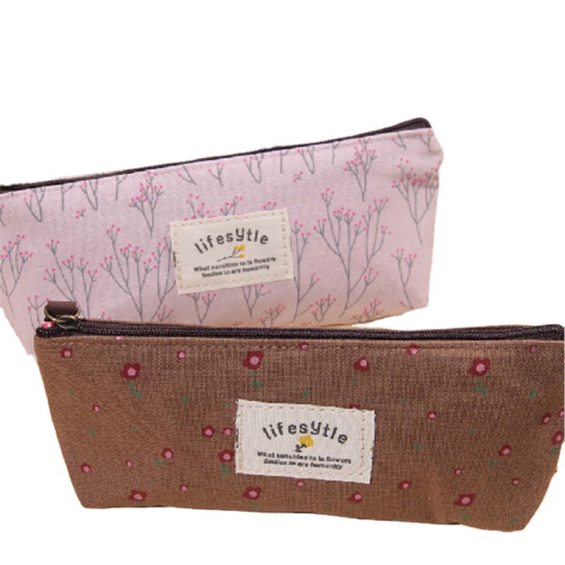 Korean Style Floral Pencil Case Fresh Casual Pastoral Style Floral Canvas Student Pencil Case Pencil Case Square Stationery Case Pencil Bag