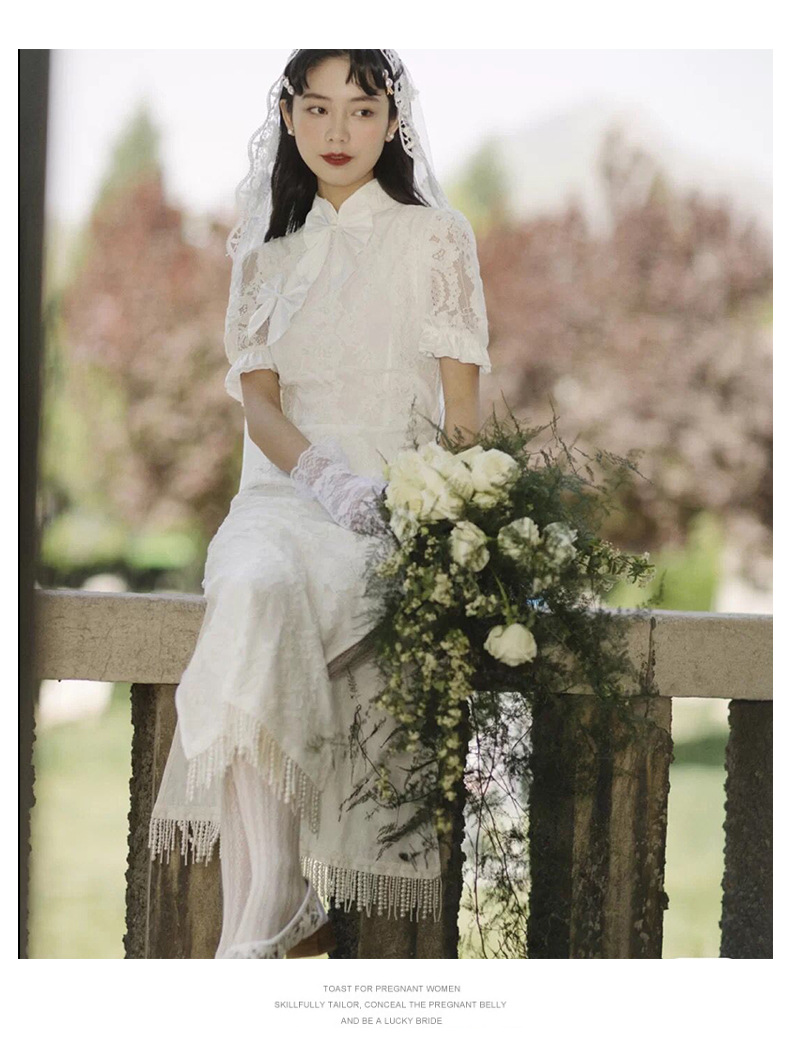 法式轻婚纱新款鱼尾蕾丝礼服中式民国风复古简约旅拍轻婚纱出门纱