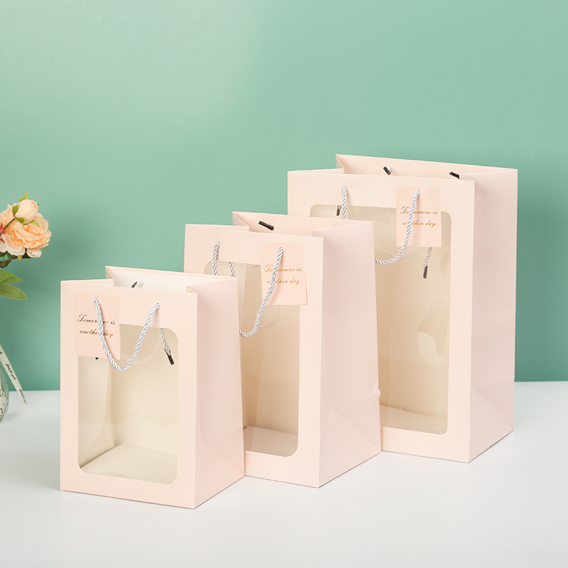 Wholesale Transparent Window Bag Flower Handbag Window Gift Bag Packaging Bag Bouquet Teacher's Day Gift Handbag
