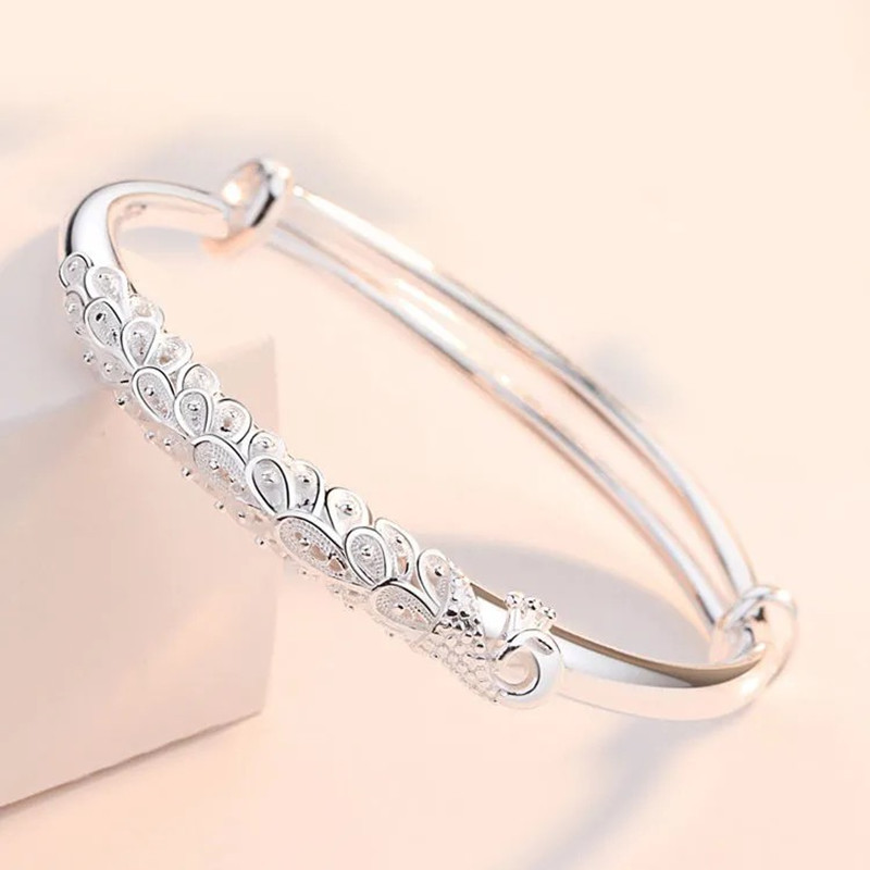 百事达黄铜镀银孔雀推拉手镯可调节母亲节礼物中国民族风送妈妈