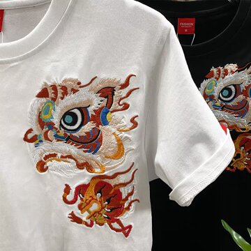醒狮刺绣短袖t恤男士夏季重磅正肩体恤宽松潮流中国风上衣服-阿里巴巴