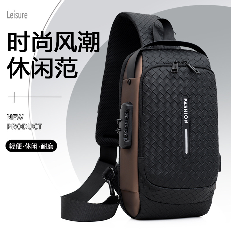 Men's New Woven Motorcycle Bag Multi-Functional Large Capacity Anti-Theft Chest Bag Usb Charging Sports One-Shoulder Crossbody Bag