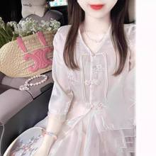 新中式国风粉色雪纺套装高级感小香风盘扣上衣半身裙两件套女夏季
