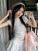 蝴蝶结圆领短袖针织T恤女夏季修身显瘦韩版甜辣妹白色设计感上衣