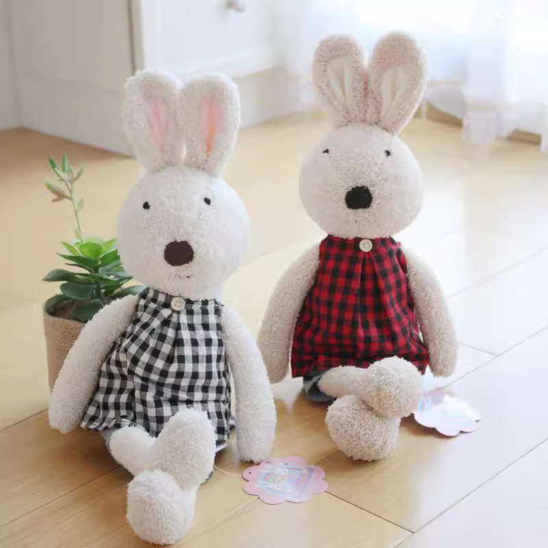 可爱复古红黑格子服安抚兔毛绒玩具公仔儿童玩偶布