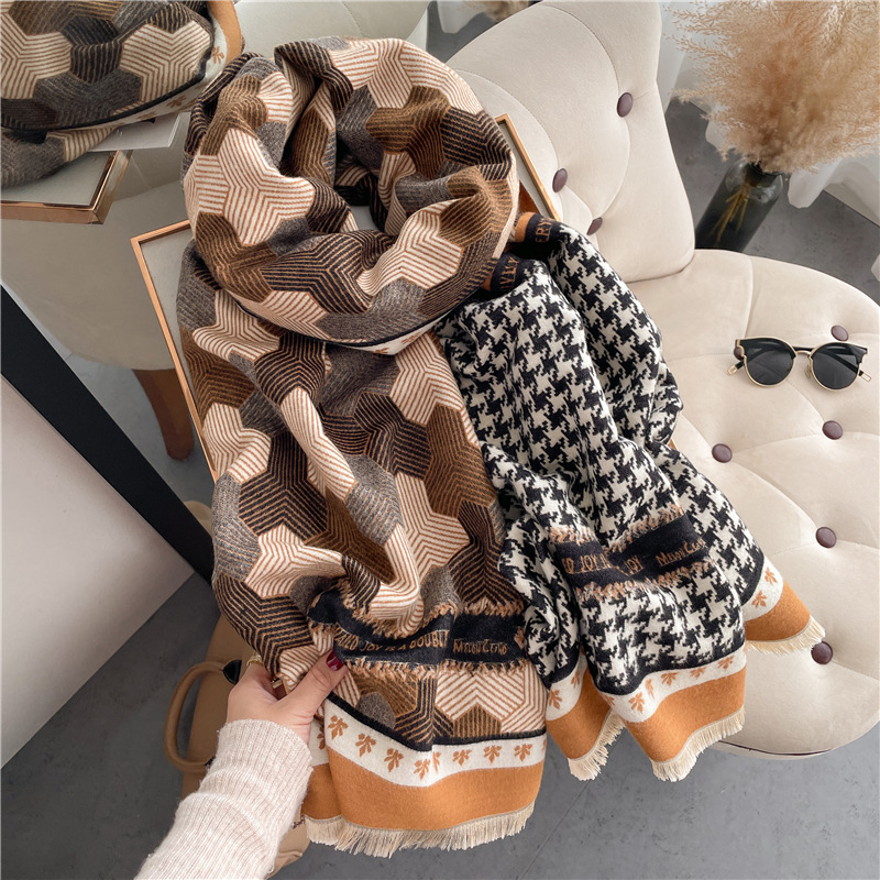 New Football Pattern Scarf Women's Cashmere Warm Shawl Korean Style Thick Double-Sided Soft Temperament Scarf Dual-Purpose