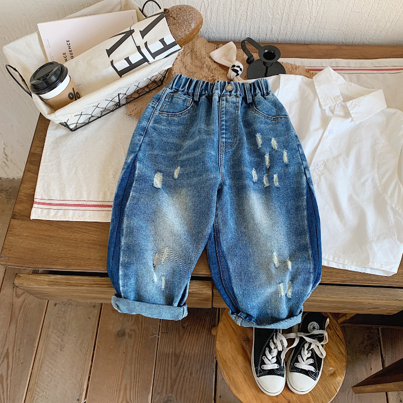 Tone to Burst ~ Handsome Boy Ripped Washed Jeans 2023 Spring and Autumn Children Baby Does Not Fade Daddy Pants