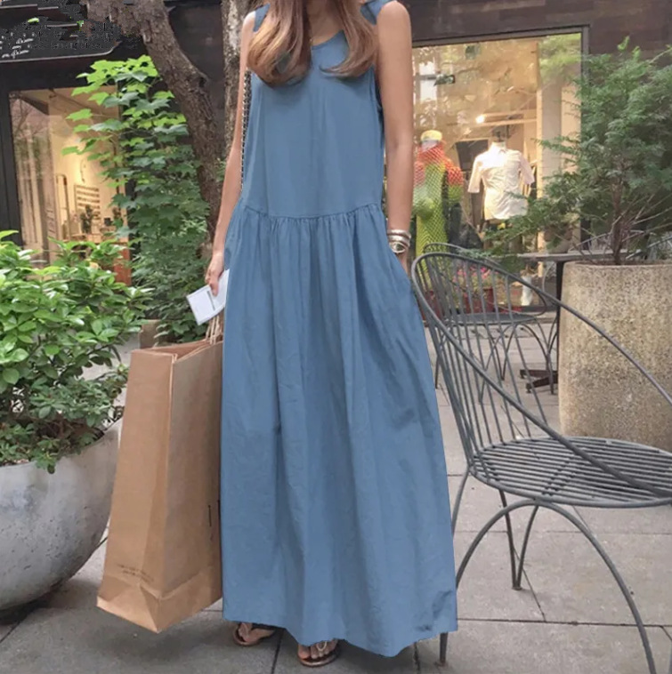 2023 Cross-Border Summer Cotton and Linen Casual round Neck Sleeveless Large Size Loose Solid Color Vest Long Large Hem Dress