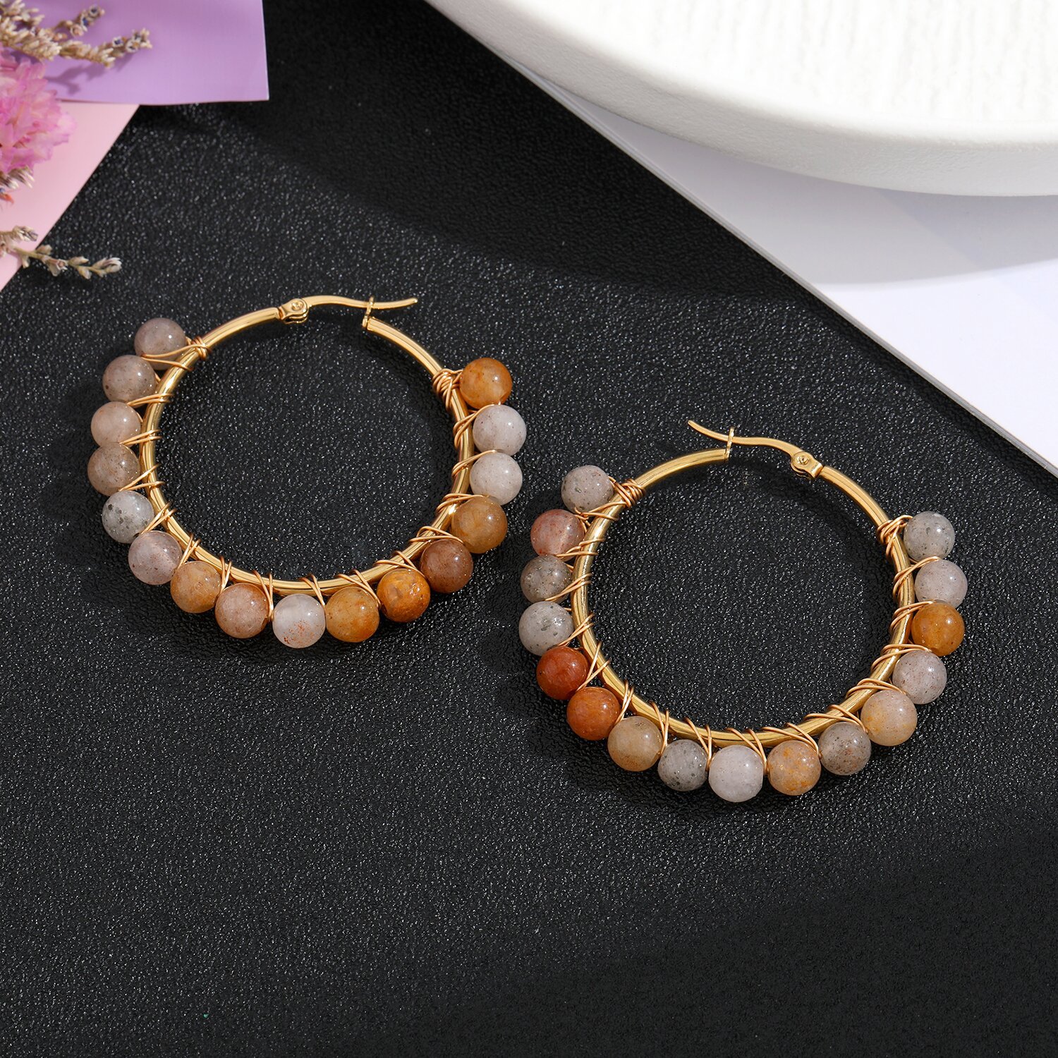 Natural Stone Stainless Steel Winding Earrings Design Sense Beaded Earrings High Sense Ear Ring Retro Color Earrings All-Matching