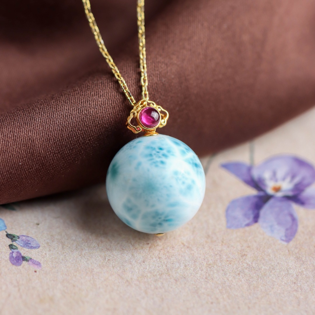 熹瑞18k金镶嵌天然海纹石圆珠吊坠轻奢气质时尚复古送礼女款项链