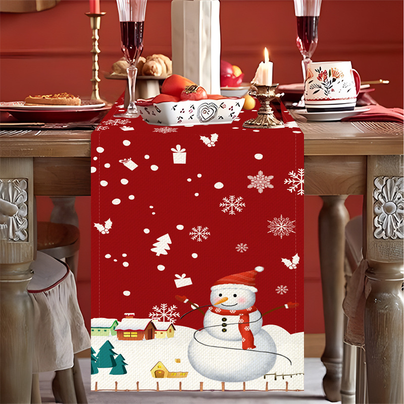 [Clothes] New Cross-Border Christmas Linen Printed Table Runner Tablecloth Nordic Dining Table Christmas Snowman Table Runner