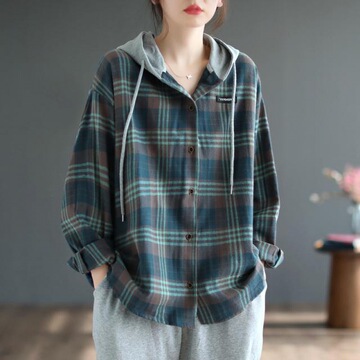 意大利外贸出口尾单复古格子长袖衬衫女宽松遮肉显瘦休闲连帽上衣