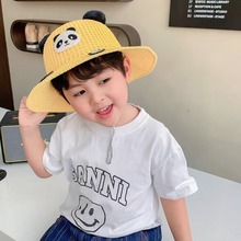 儿童夏季镂空草帽韩版卡通熊猫透气遮阳帽户外防晒防紫外线渔夫帽