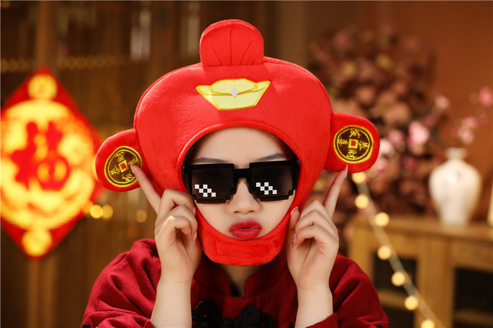 新年吉祥物财神爷头套帽子 恭喜发财毛绒头套 拍照道具 卡通头套