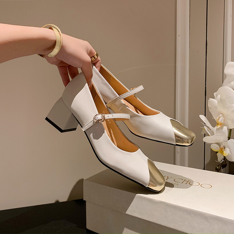 优雅女鞋秋冬季新款鞋子方头粗跟高跟鞋拼色搭扣鞋单