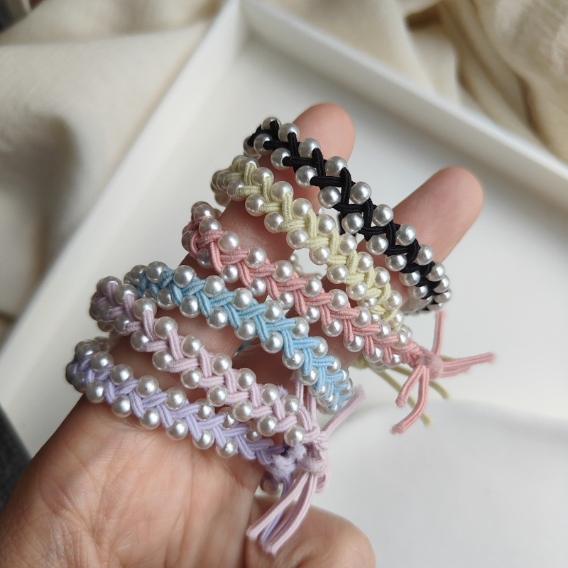 马卡龙双排珍珠发绳高弹力女三股扎头发皮筋发圈简约手链两用头绳