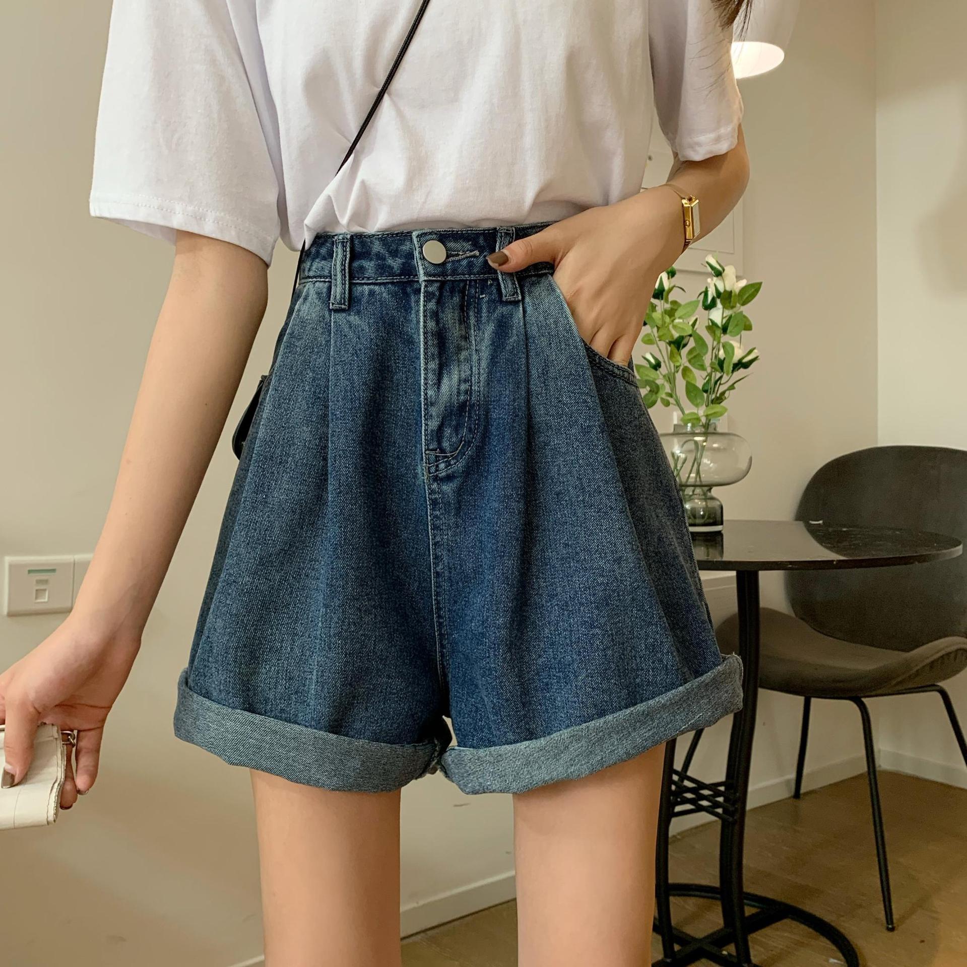 夏季新款设计感裤子高腰显瘦牛仔短裤女五分裤宽松阔腿a字热裤