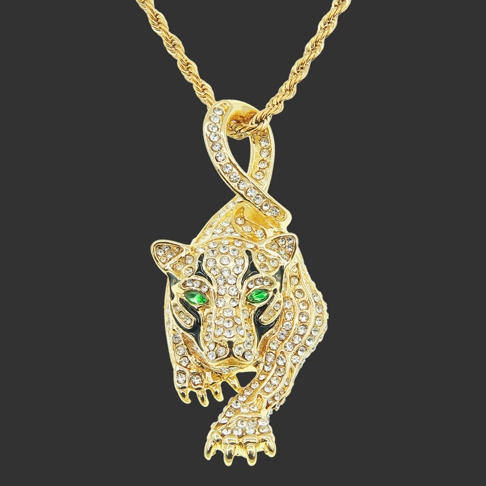潮人镶钻绿眼睛立体老虎吊坠项链配饰 欧美跨境新品个性毛衣链
