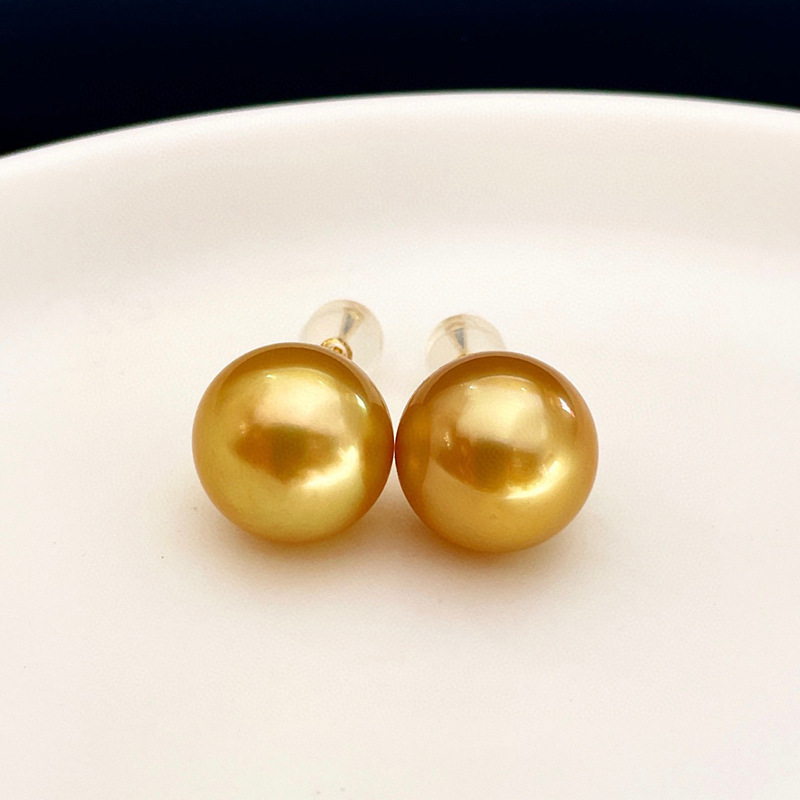 批发天然菲律宾南洋海水浓金色珍珠耳钉耳饰耳坠耳环10-11mm正圆