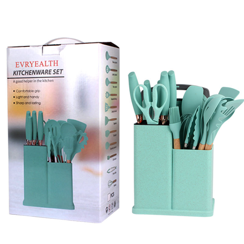 Cross-Border Hot Silicone Kitchenware 19-Piece Set Straw Color Kitchen Knife Combination Suit Storage Bucket Gift Box