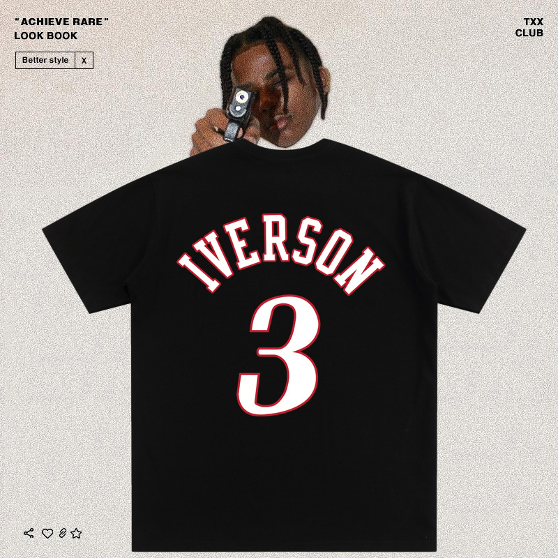 nba艾佛森3号76人队220g纯棉抖音品质宽松版篮球t恤