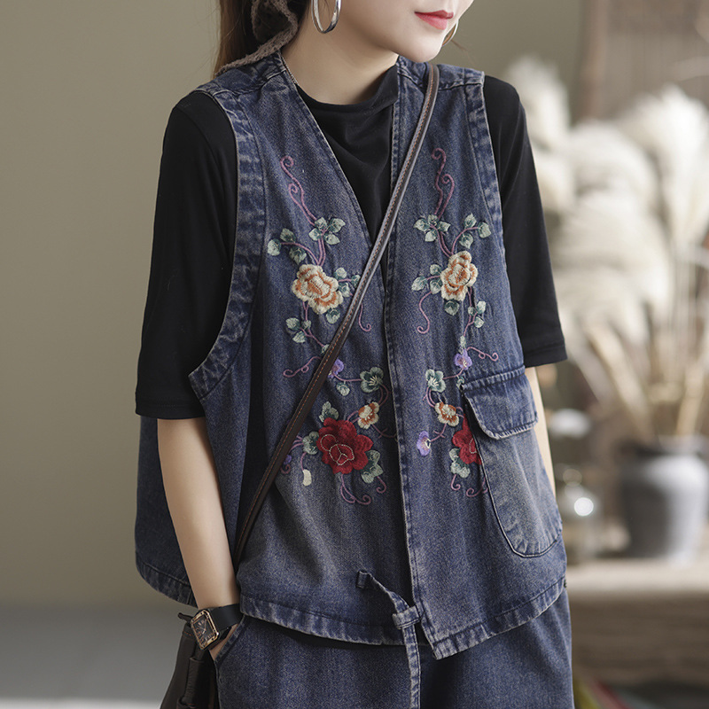 牛仔马甲女春季文艺休闲宽松复古刺绣棉水洗女士坎肩马夹