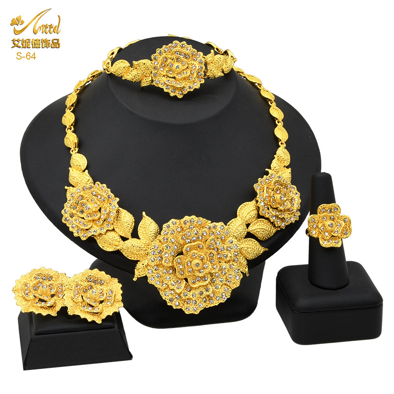 Cross-Border Dubai 24K Gold Jewelry Set Bridal Wedding Necklace Ring Earring Bracelet Ornament 4 Pcs Set