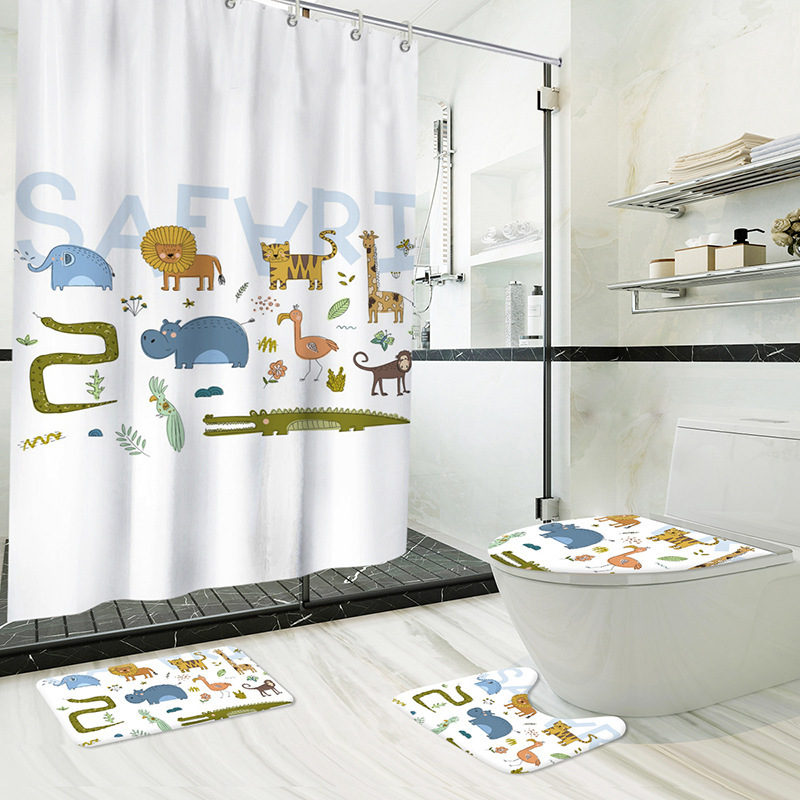 Foreign Trade Wholesale Marine Animal Shower Curtain Four-Piece Cartoon Animal Digital Printing Polyester Waterproof Bathroom Curtain Full Set