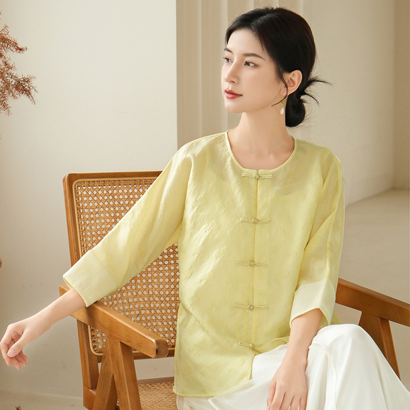 卿淑斋夏季新款女士唐装盘扣上衣新中式圆领提花外套改良禅茶汉服