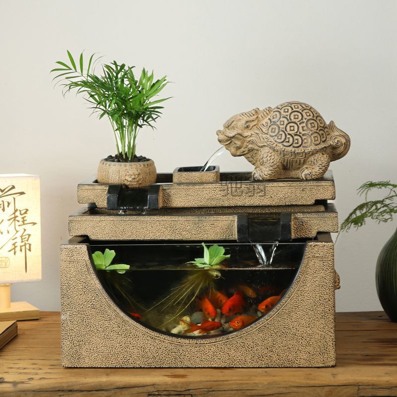 nih招财流水循环玻璃鱼缸家居客厅电视柜装饰风水轮摆件乔迁新居
