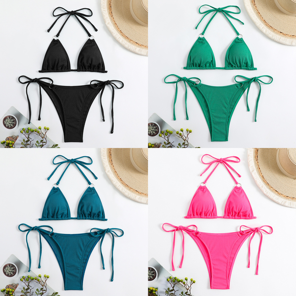 跨境新款泳衣外贸亚马逊爆款素色挂脖系带性感三角包比基尼bikini