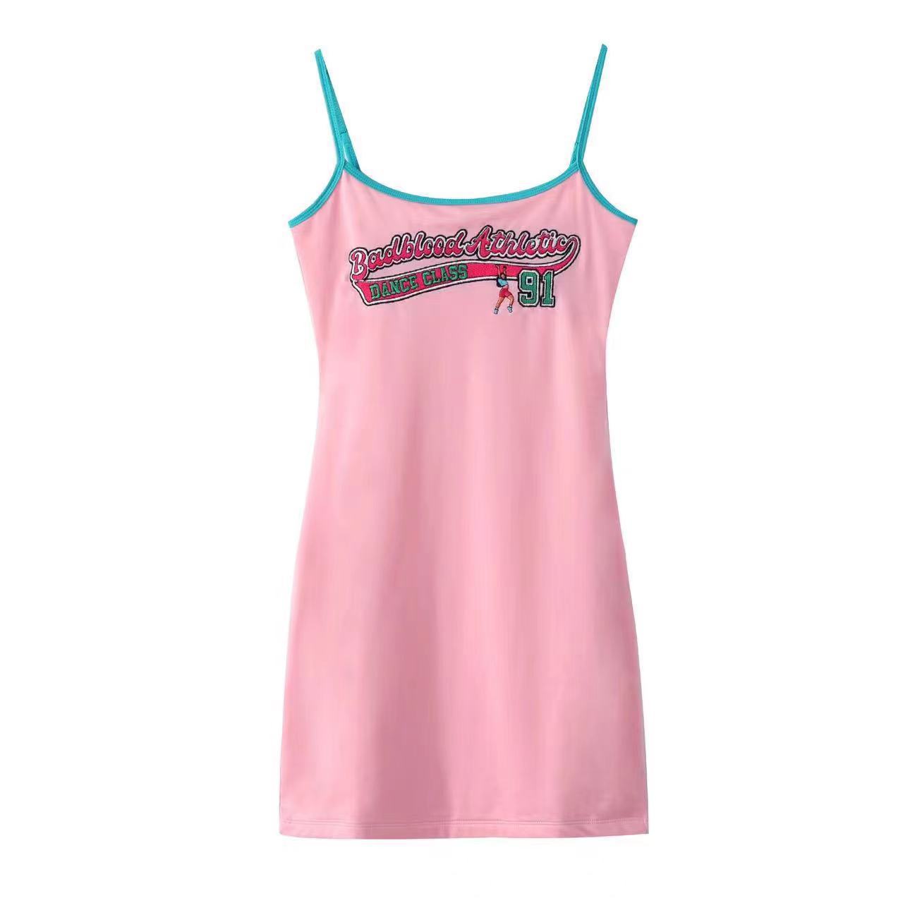 2022夏新款韩国badblood kiireel粉色吊带刺绣连衣裙吊带裙