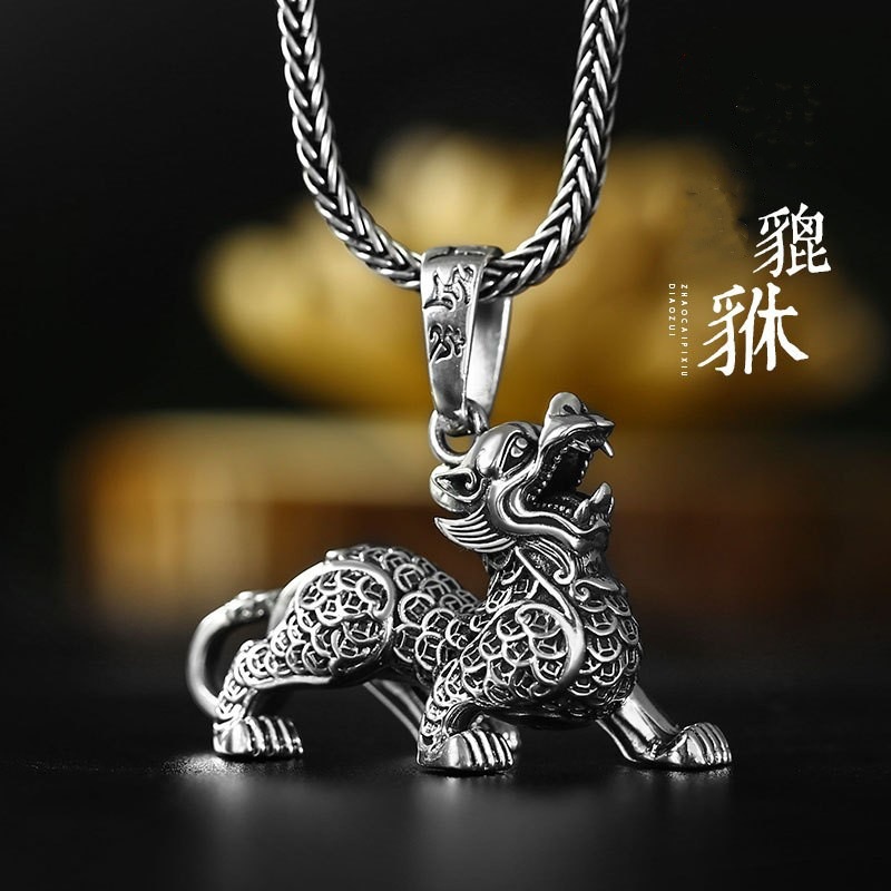 原创99足银国潮貔貅吊坠纯银男款霸气潮人个性小众设计女男士项链