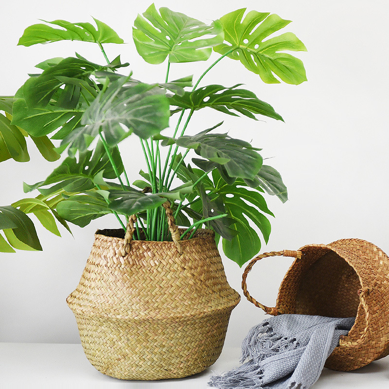 Hand-Woven Straw Basket Foldable Clothes Basket Storage Basket Storage Basket Green Plant Flower Basket