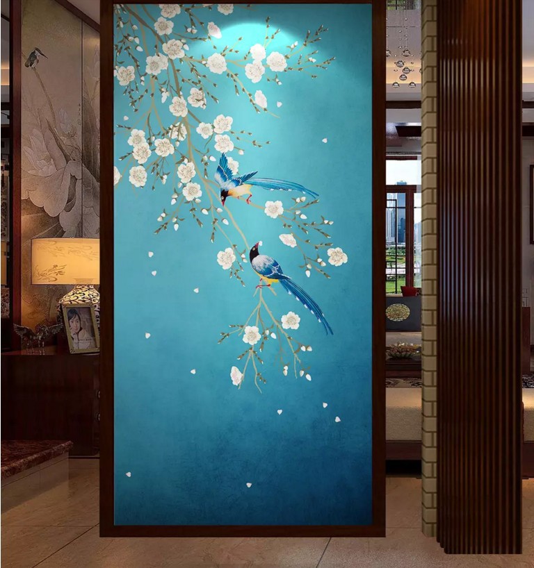 新中式手绘工笔花鸟玄关背景墙水墨梅花屏风隔断门厅过道墙纸壁画
