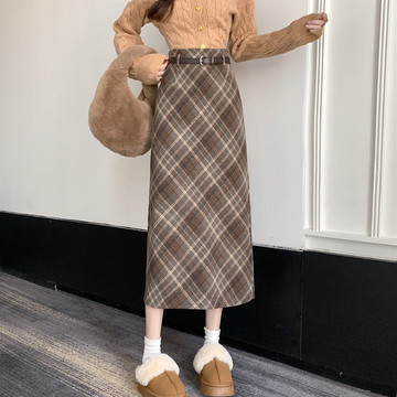 字半身裙子复古流行冬季秋冬今年复古中长女格子毛呢臀包半身长裙