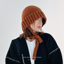 韩版新款绑带长带子护耳毛线帽子女冬季可爱百搭保暖针织帽学生潮