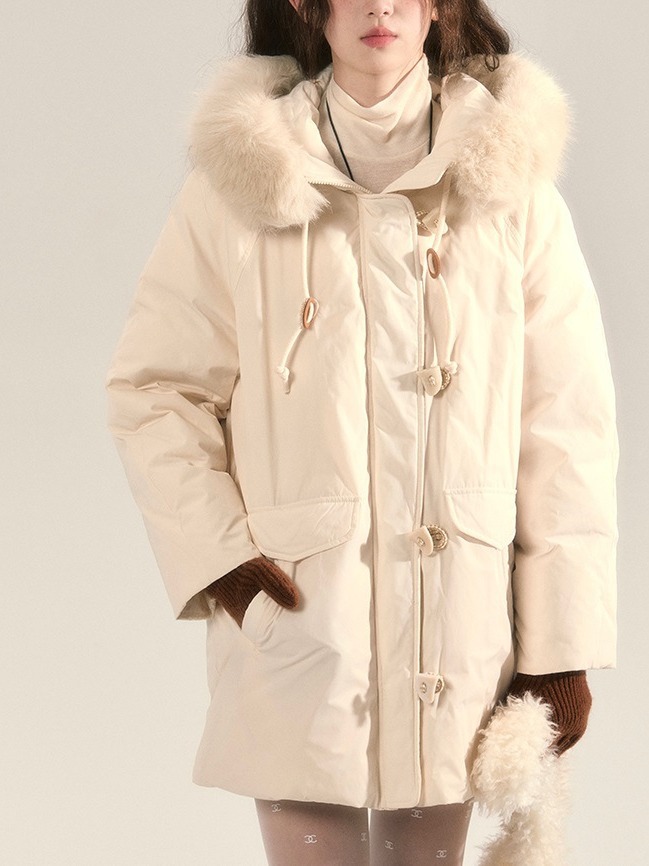 chummy 复古甜美少女感保暖毛领连帽牛角扣高密羽绒服外套冬-阿里巴巴