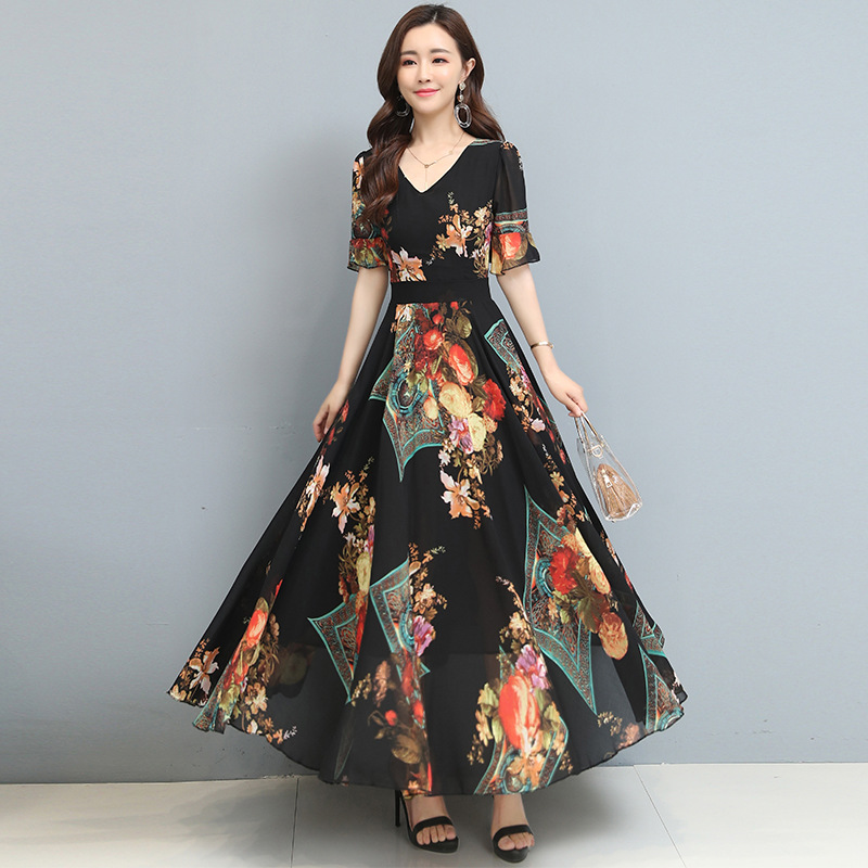 欧美女装印花长袖v领大摆型连衣裙批发2021年新款小个子显高碎花连